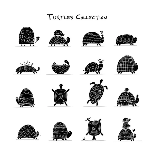 Funny turtles set, sketch for your design — Stock Vector