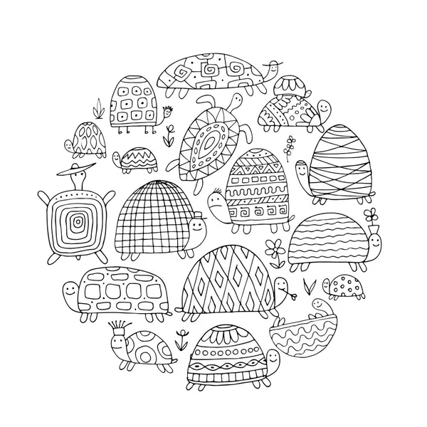 Conjunto de tortugas divertidas, boceto para su diseño — Archivo Imágenes Vectoriales