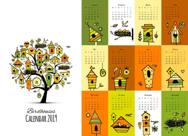 Case per uccelli su albero, calendario 2019 design — Vettoriale Stock