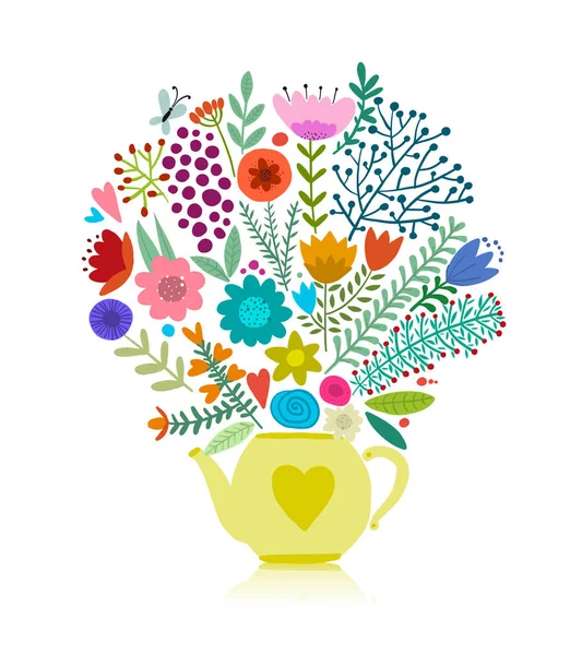 Floral bouquet in teapot, sketch for your design — Stock Vector
