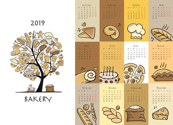 Ekmek, takvim 2019 tasarım — Stok Vektör