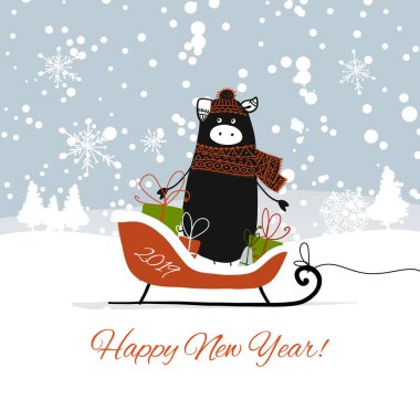 Noel kartı, ormandaki santa domuz. 2019 sembolü