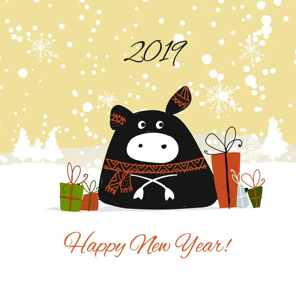 Christmas card, santa pig in forest. Symbol of 2019 — Stock Vector