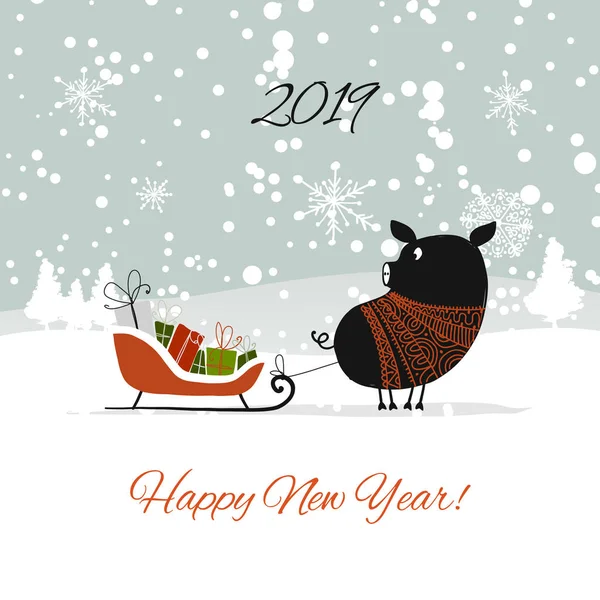 Christmas card, santa pig in forest. Symbol of 2019 — Stock Vector