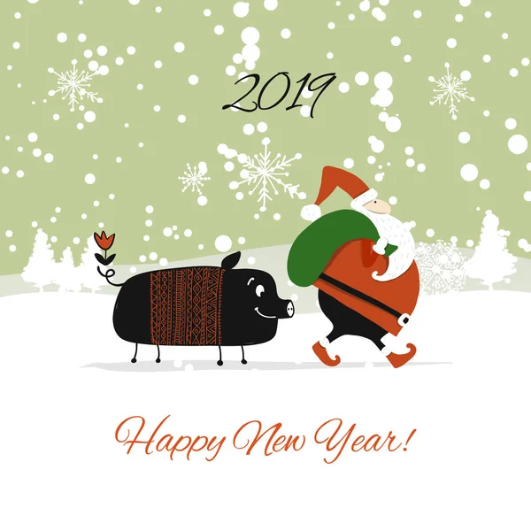 Christmas card, santa pig in forest. Symbol of 2019 — Stock Vector