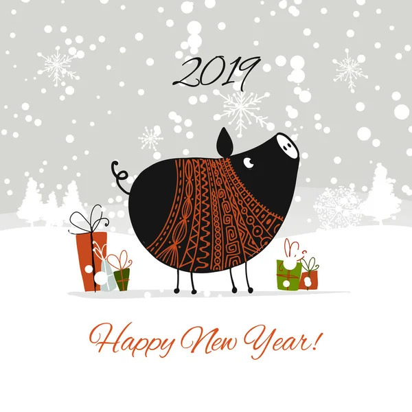 Christmas card, santa pig in forest. Symbol of 2019 — Stock Vector