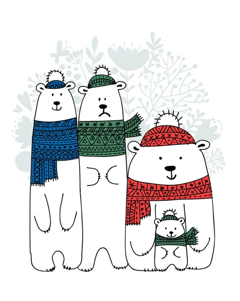 Christmas card with white santa bears family — Stock Vector