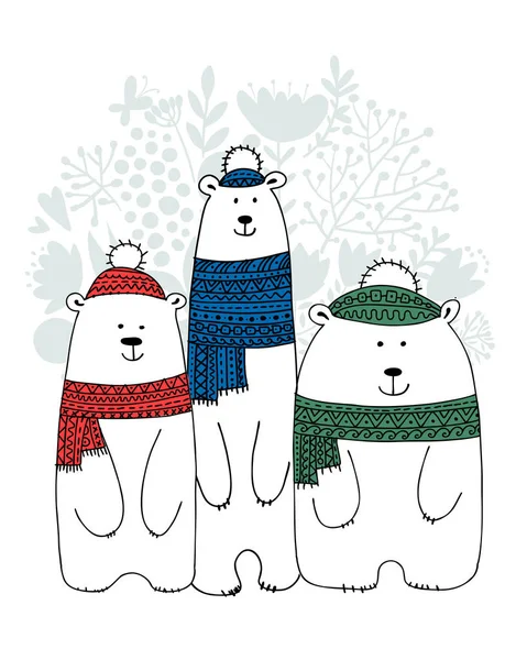 Christmas card with white santa bears family — Stock Vector