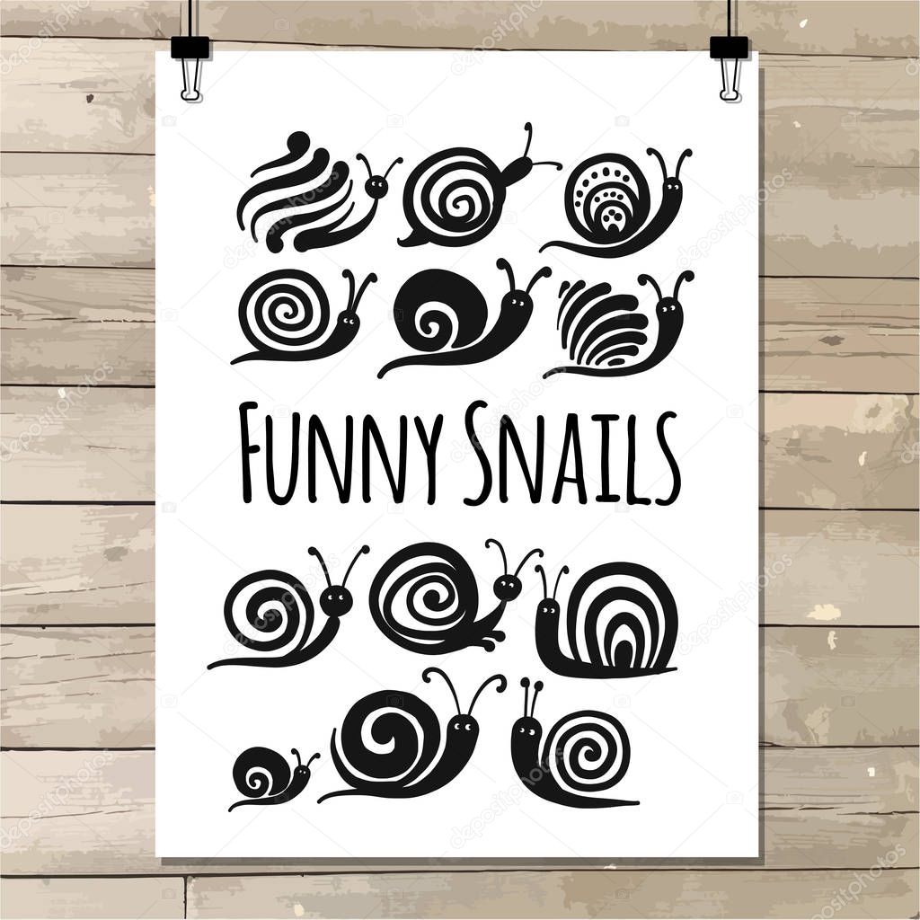Funny snail, black silhouette for your design. Vector illustration
