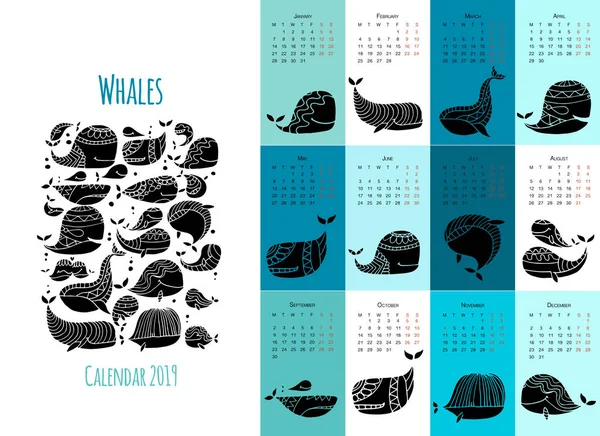 Walvissen, kalender 2019 ontwerp — Stockvector