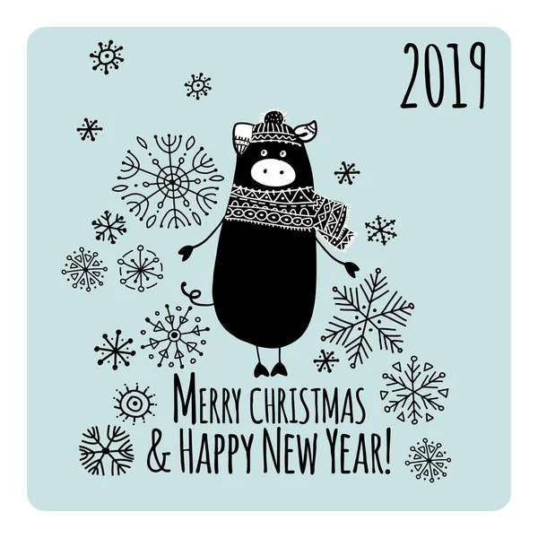 Weihnachtskarte mit lustigem Schwein, Symbol des Jahres 2019 für Ihre Gestaltung — Stockvektor