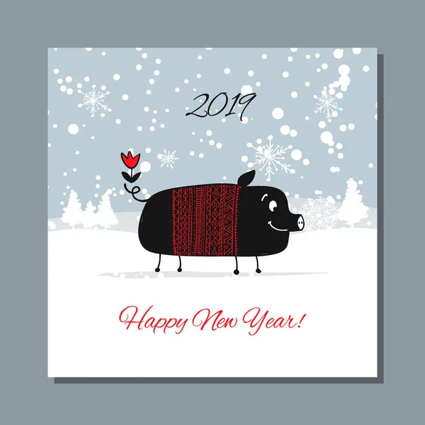 Christmas card, santa pig in forest. Symbol of 2019 — Stock Vector