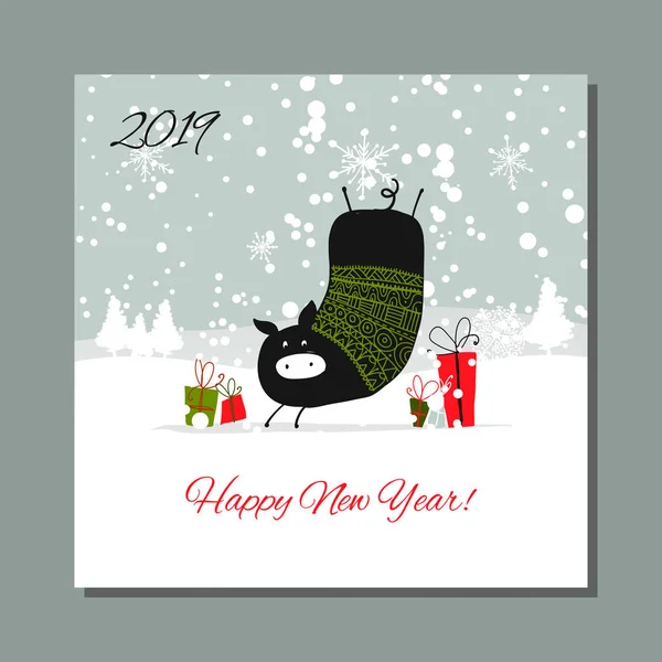 Tarjeta de Navidad, cerdo en el bosque. Símbolo de 2019 — Archivo Imágenes Vectoriales