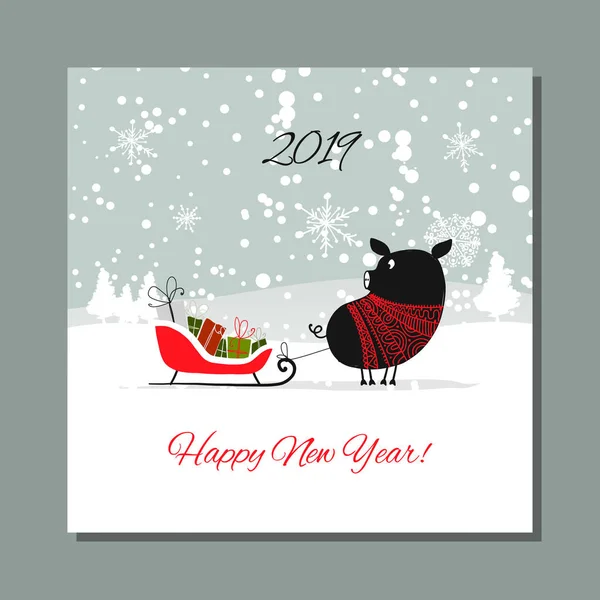 Christmas card, santa pig in forest. Symbol of 2019 — Stock Vector