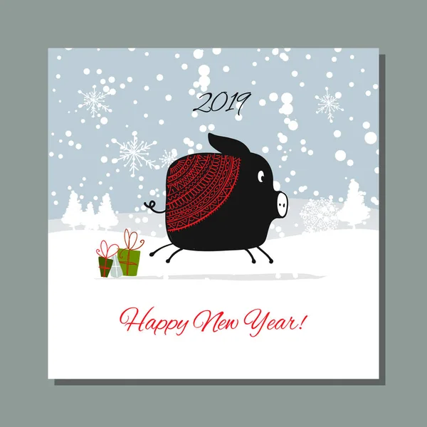 Cartão de Natal, porco do Pai Natal na floresta. Símbolo de 2019 — Vetor de Stock