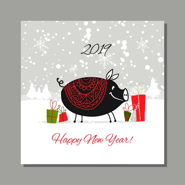 Christmas card, santa pig in forest. Symbol of 2019 — Stock Vector