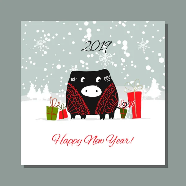 Weihnachtskarte, Weihnachtsmann im Wald. Symbol für 2019 — Stockvektor