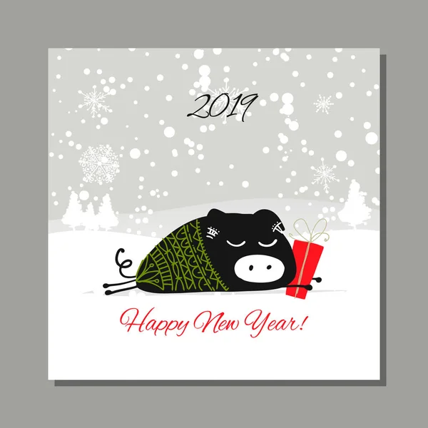 Christmas card, santa pig in forest. Symbol of 2019 — Stock Vector