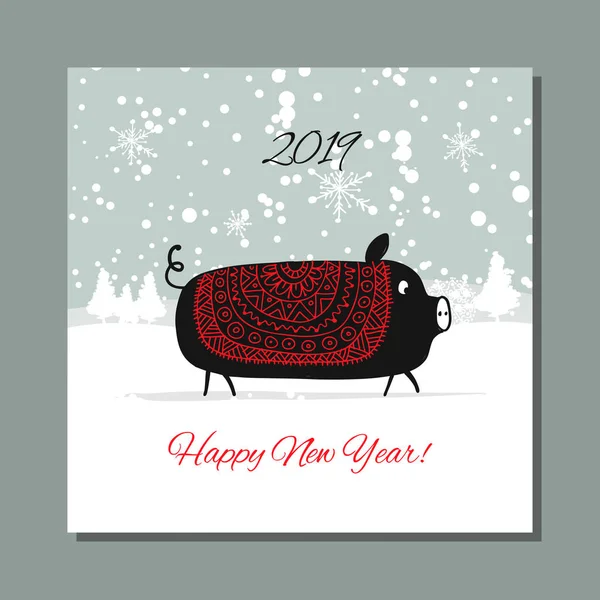 Cartão de Natal, porco do Pai Natal na floresta. Símbolo de 2019 — Vetor de Stock