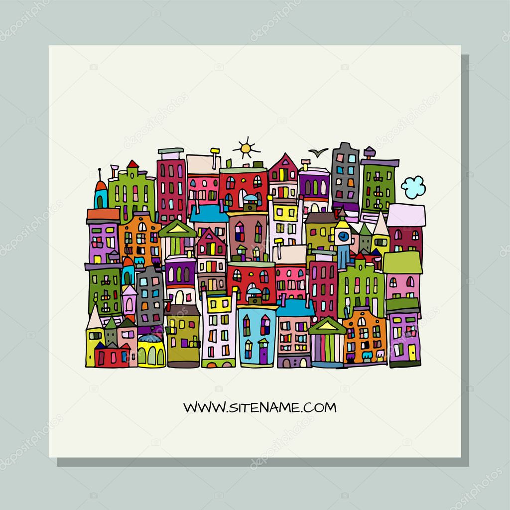 Greeting card design, european city street. Vector illustration