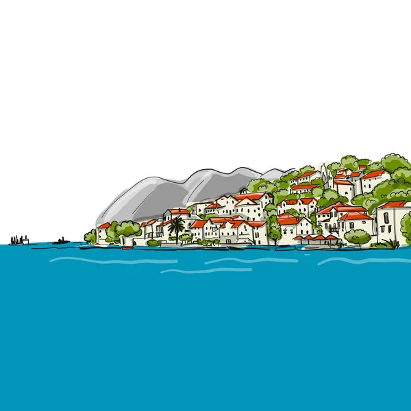 Vecchia Città Europea Mare Mediterraneo Schizzo Vostro Disegno Illustrazione Vettoriale — Vettoriale Stock