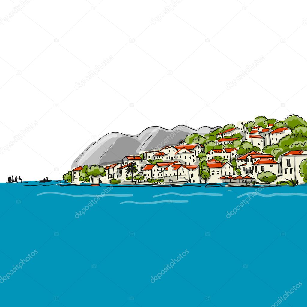 Old european city. Mediterranean sea. Sketch for your design. Vector illustration