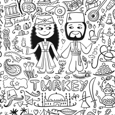 Türkiye'ye seyahat. Tasarımınız için tebrik kartı. Vektör çizim