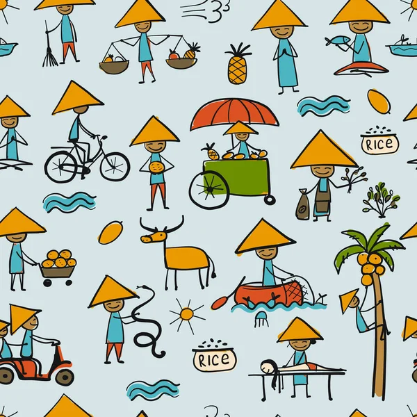 Asian lifestyle people, seamless pattern for your design. Vector illustration