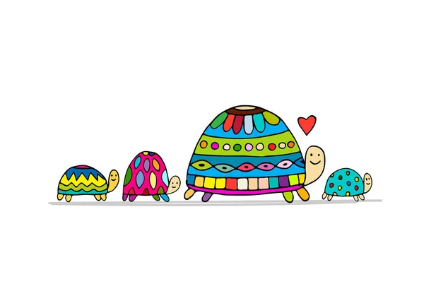 Família Engraçada Tartaruga Com Chidren Esboço Para Seu Design Ilustração — Vetor de Stock