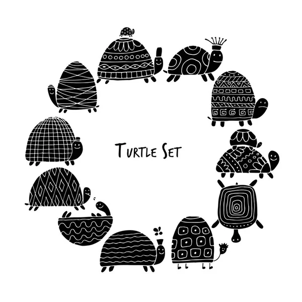 Jeu Tortues Drôles Croquis Pour Votre Conception Illustration Vectorielle — Image vectorielle