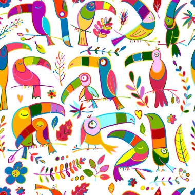 Tukanlar, cennet tropikal kuşları. Tasarımın için kusursuz desen. Vektör illüstrasyonu