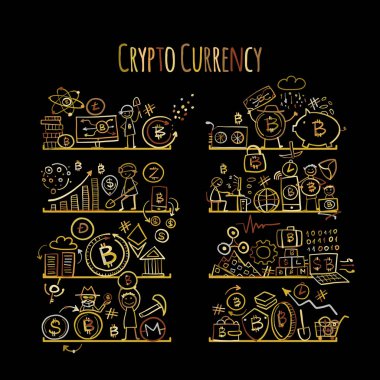 Bitcoin, cryptocurrency ve blockchain teknoloji, tasarımınız için raflarda simgeler kümesi. Vektör çizim