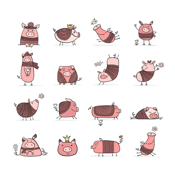 Coleção Porcos Bonito Para Seu Projeto Ilustração Vetorial — Vetor de Stock