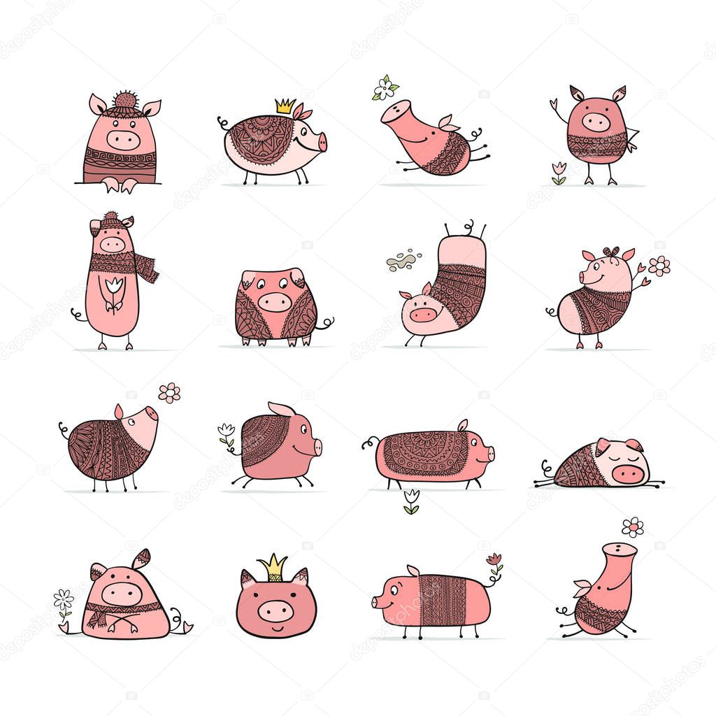 Cute pigs collection for your design. Vector illustration