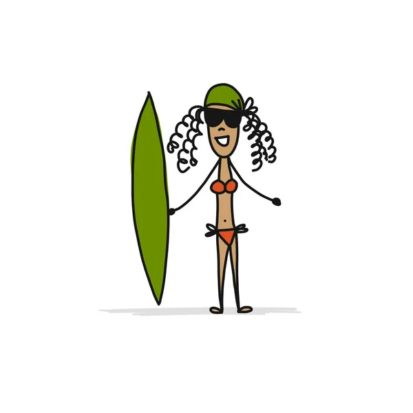 Chica Con Tabla Surf Boceto Para Diseño Ilustración Vectorial — Vector de stock
