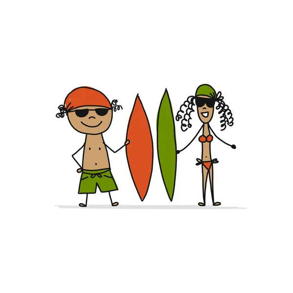 Mensen Met Surfplank Schets Voor Ontwerp Vectorillustratie — Stockvector