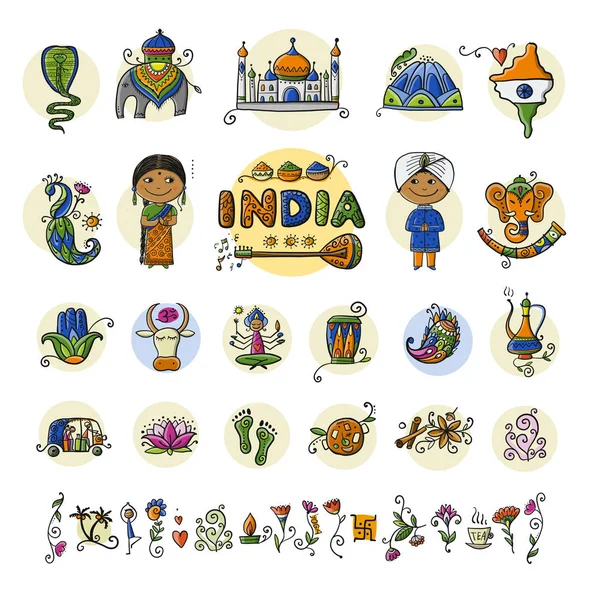 Indie, zestaw ikon. Szkic do projektowania — Wektor stockowy