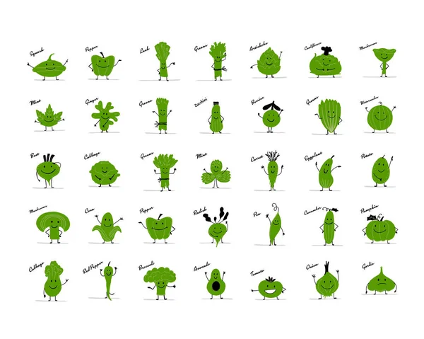 Divertenti verdure e verdure sorridenti, personaggi per il tuo design — Vettoriale Stock