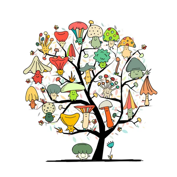 有趣的蘑菇树, 草图为您的设计 — 图库矢量图片