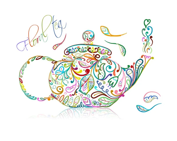 Teapot sketch with floral tea for your design — Stock Vector