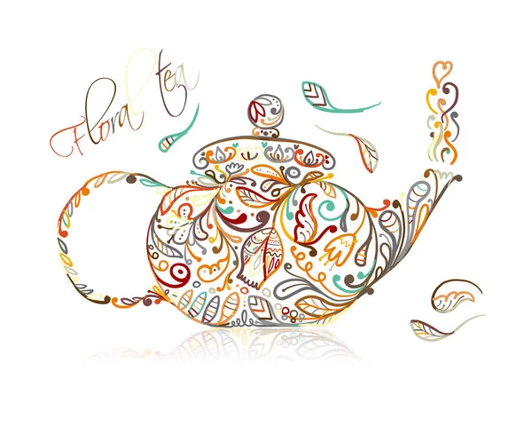 Teapot sketch with floral tea for your design — Stock Vector