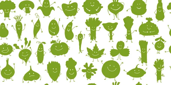 Légumes et légumes souriants drôles, personnages pour votre design. Modèle sans couture — Image vectorielle