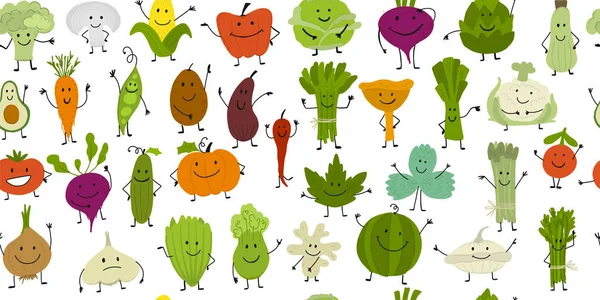 Graciosas verduras y verduras sonrientes, personajes para su diseño. Patrón sin costura — Vector de stock