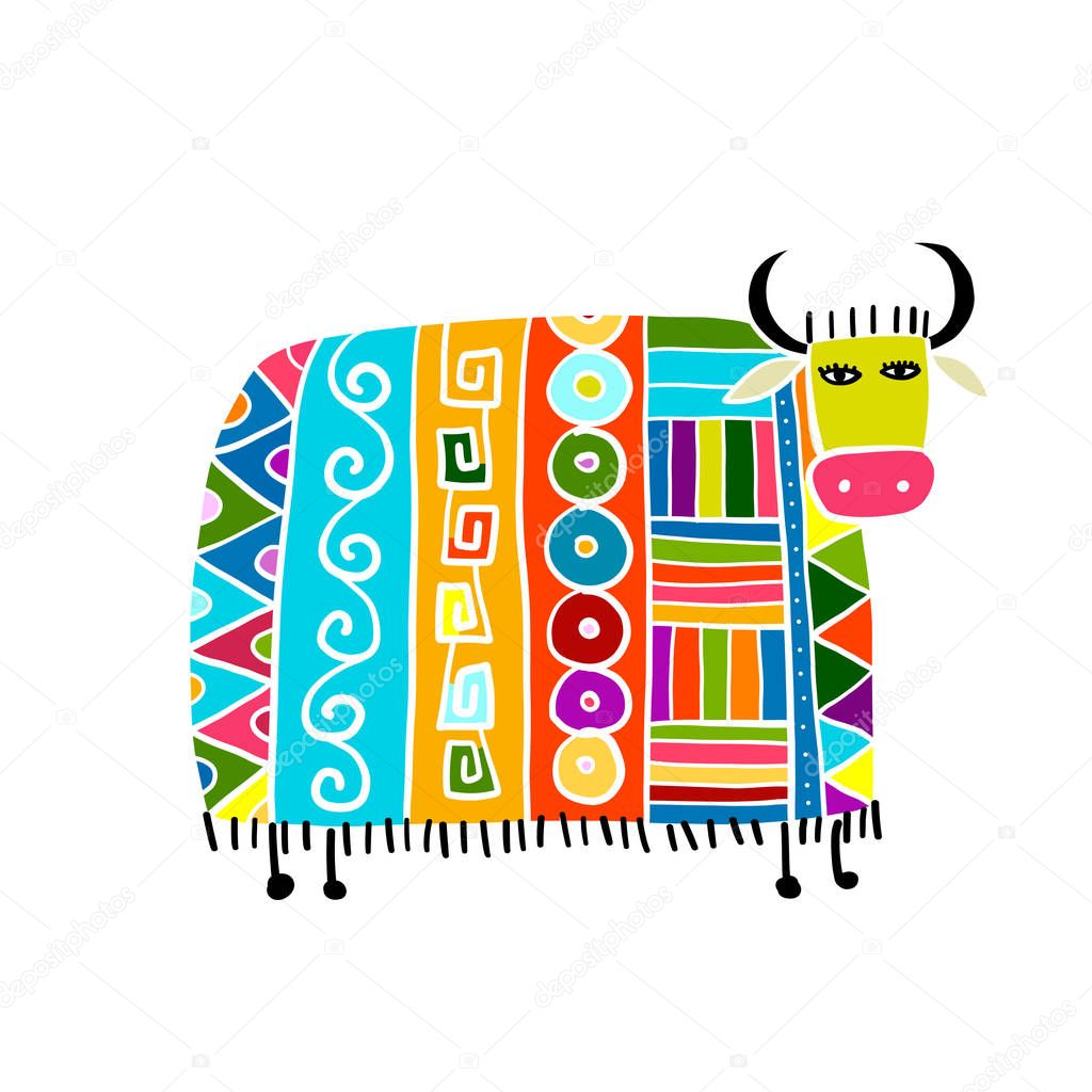 Funny cow, sketch for your design. Vector illustration