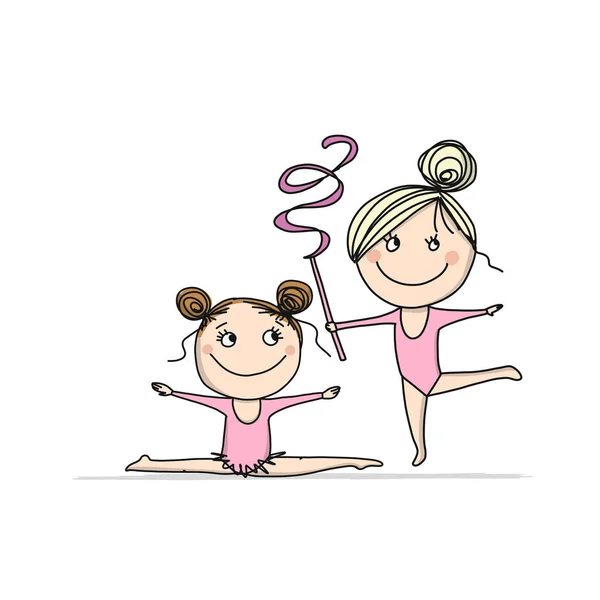 Rhytmic gymnastic. Cute girls, sketch for your design — Stock Vector