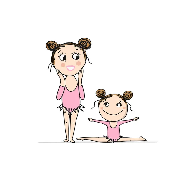 Rhytmic gymnastic. Cute girls, sketch for your design — Stock Vector