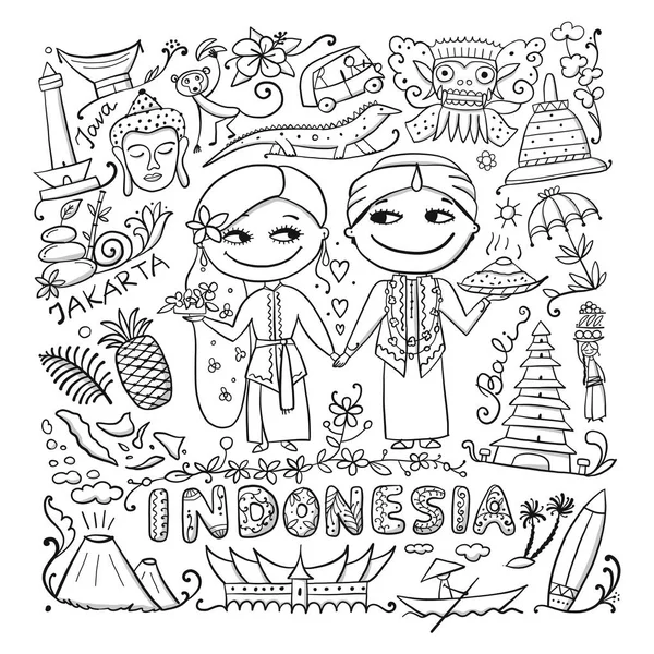 Viajar a Indonesia. Tarjeta para colorear para su diseño — Vector de stock