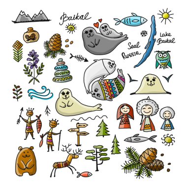 Icons set, Baykal, Rusya seyahat. Tasarımınız için kroki