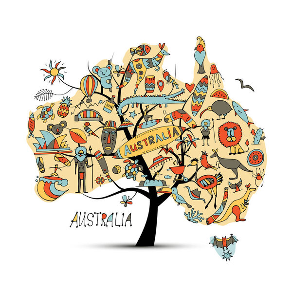 Australian map tree with icons set, sketch