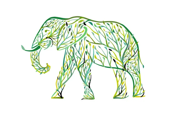 Forma de elefante hecha de hojas de árbol. Salva la tierra. Diseño vectorial — Archivo Imágenes Vectoriales